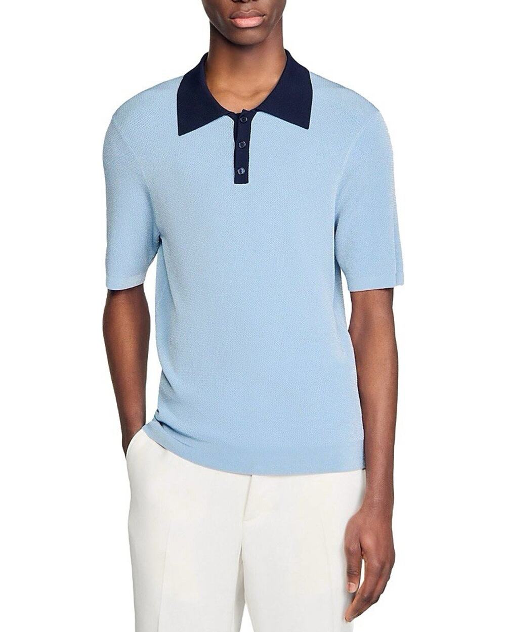 Sandro Men's Blue Two Tone Knit Short Sleeve Polo Shirt XL $345